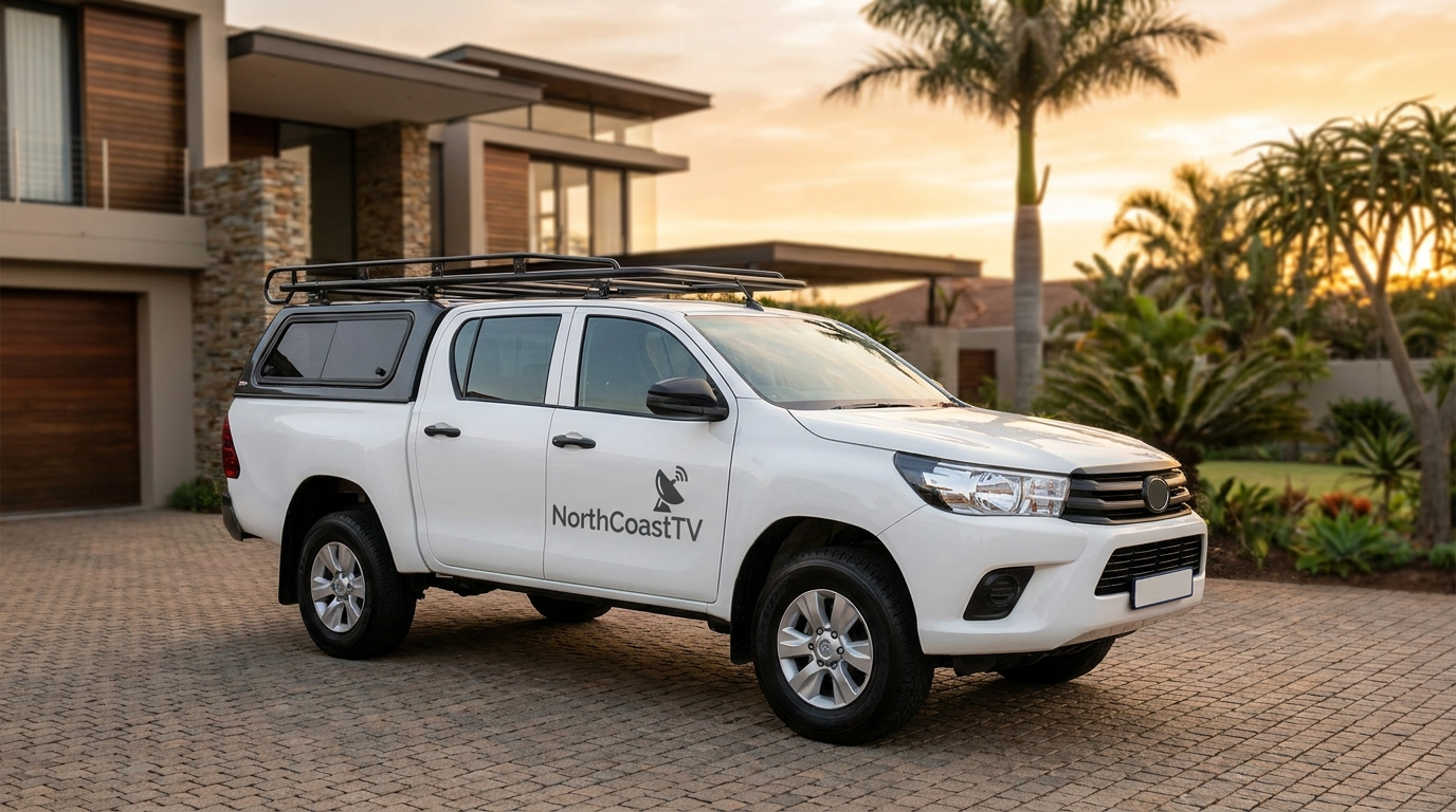 Branded NorthCoastTV vehicle parked at a North Coast home